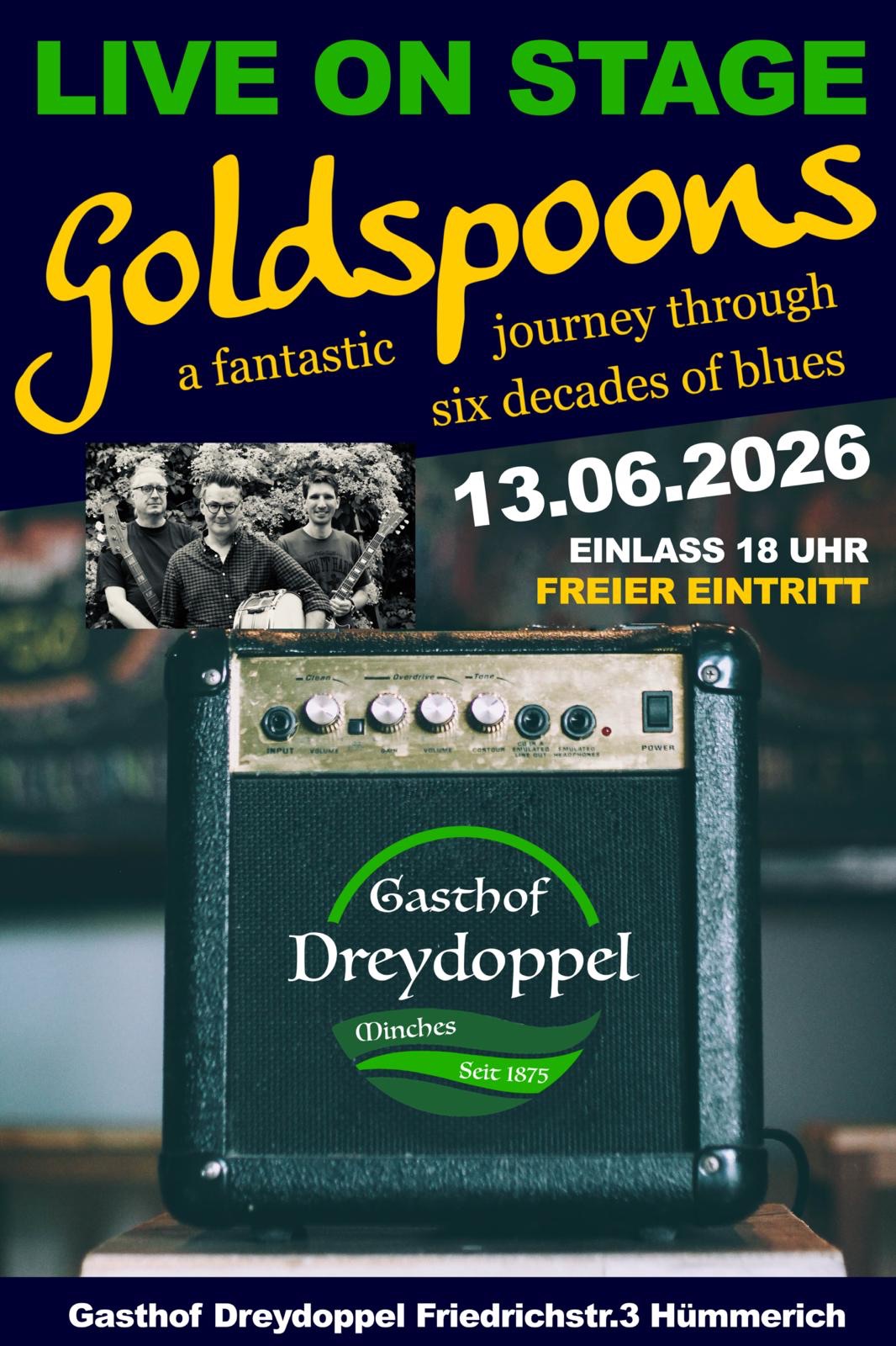Poster für Goldspoons am 13.6.2026 im Dreydoppel, Hümmerich